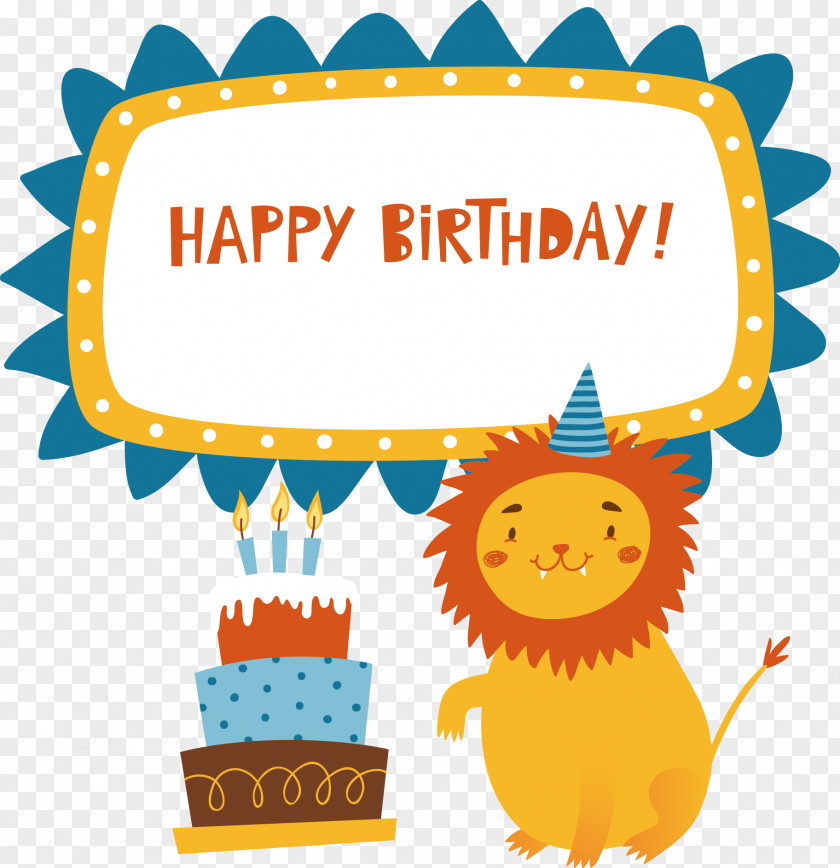 Vector Cartoon Lion Happy Birthday Decoration Wedding Invitation Cake Greeting Card PNG