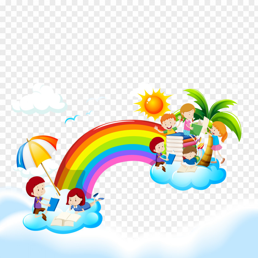 Vector Rainbow Sky Reading Book Child Illustration PNG