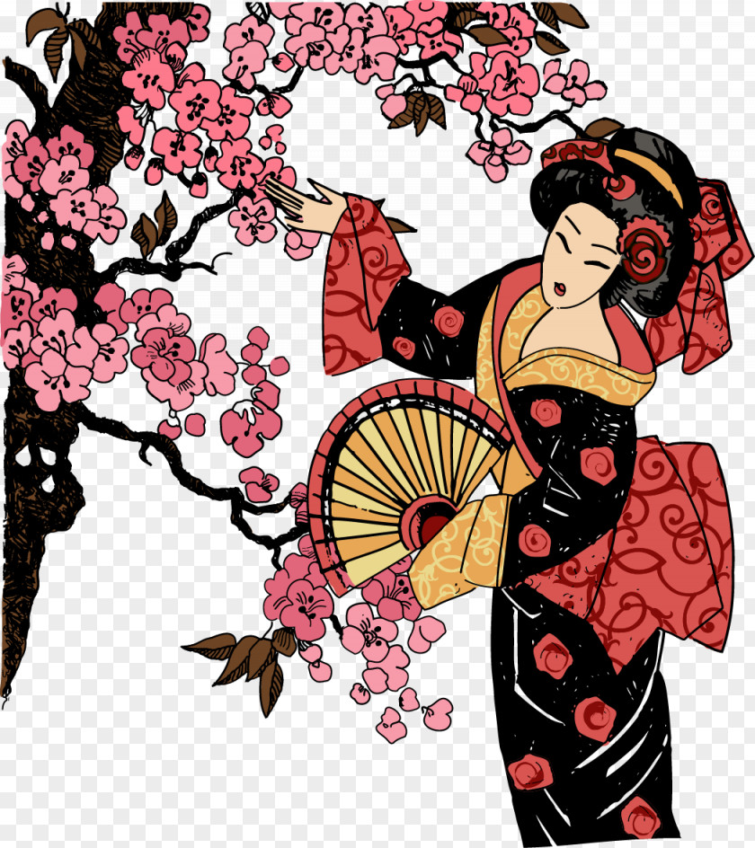 Cartoon Japanese Geisha Japan T-shirt Graphic Design Illustration PNG