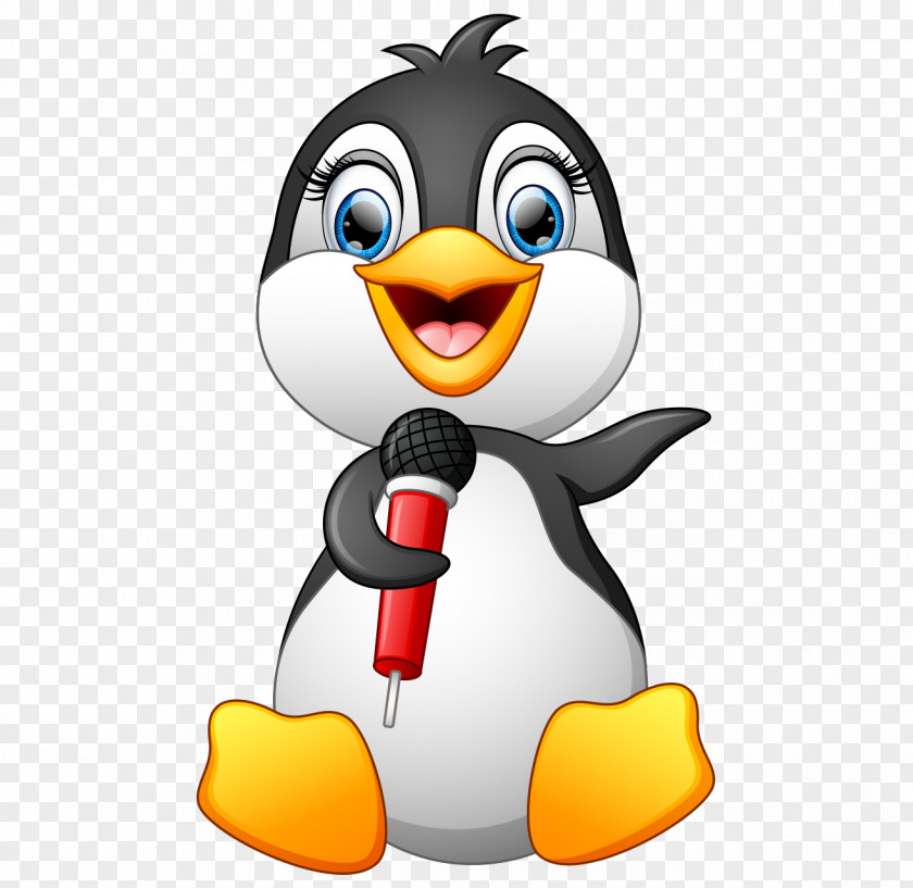 Vector Cartoon Hand Painted Cute Singing Microphone Penguin Bird Clip Art PNG