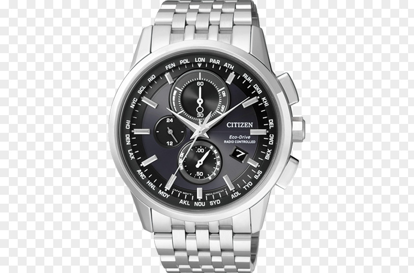 Citizen Watch Silver Black Male Mechanical Eco-Drive Holdings Radio Clock Chronograph PNG