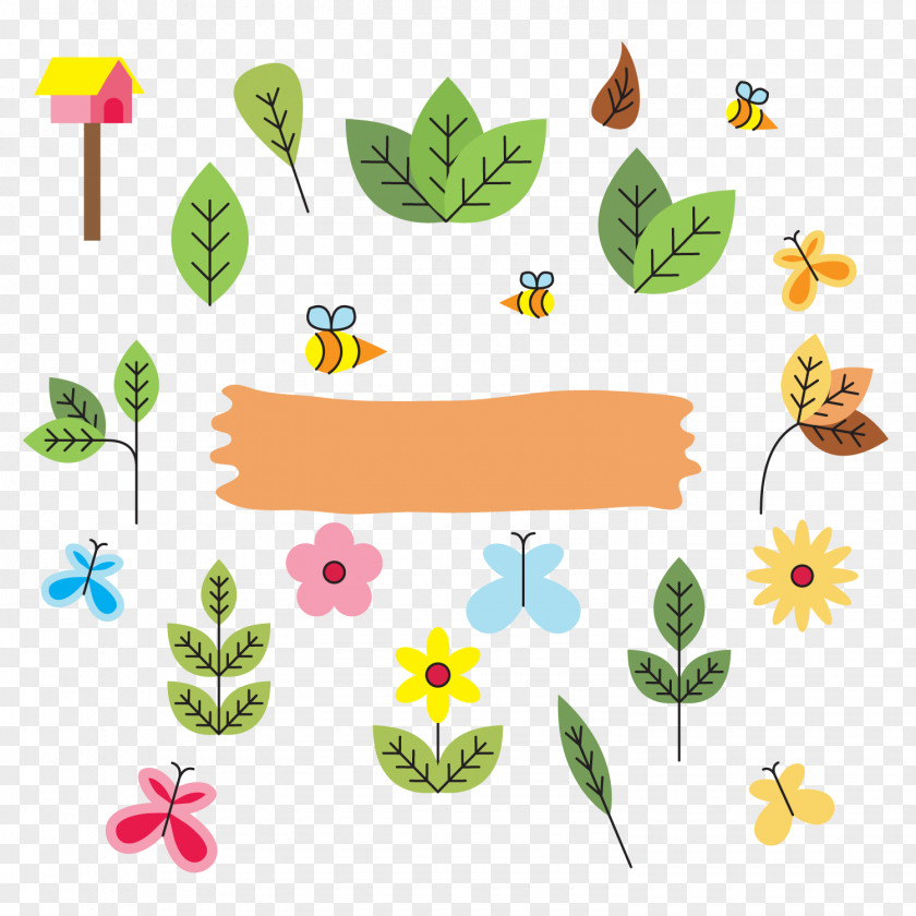 Tree Leaves Butterfly And Bee Vector Adobe Illustrator PNG