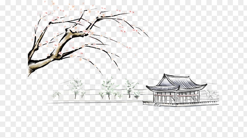 Lake Pavilion To See The Flowers Download Painting PNG