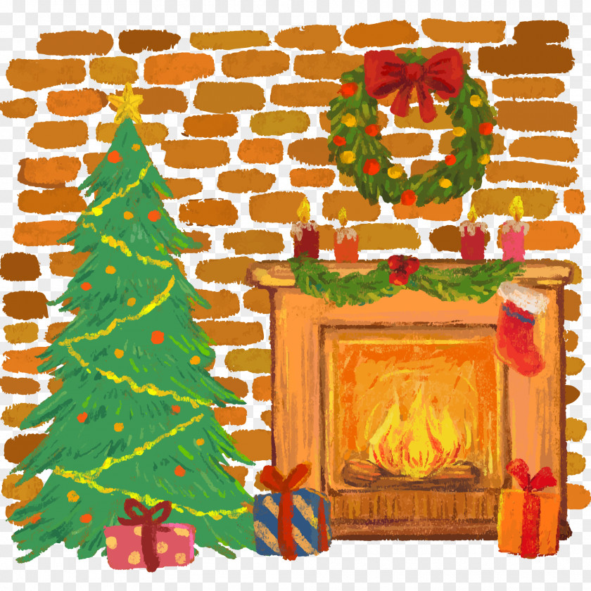 Vector Illustration Christmas Fireplace Tree Furnace Santa Claus PNG