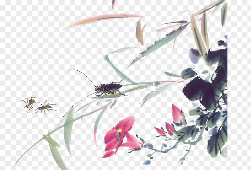 Grasshopper Ink Wash Painting Chinese Gongbi Wallpaper PNG
