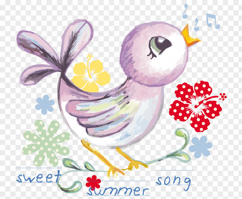 Vector Cartoon Hand Painted Watercolor Hum Song Bird Flower Painting Euclidean PNG