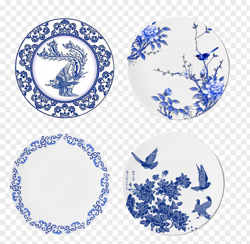 Chinese Style Blue And White Porcelain Plate Pottery Tableware Chinoiserie PNG