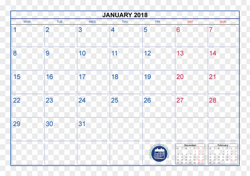Calendar 2018 Public Holiday Template ISO Week Date PNG