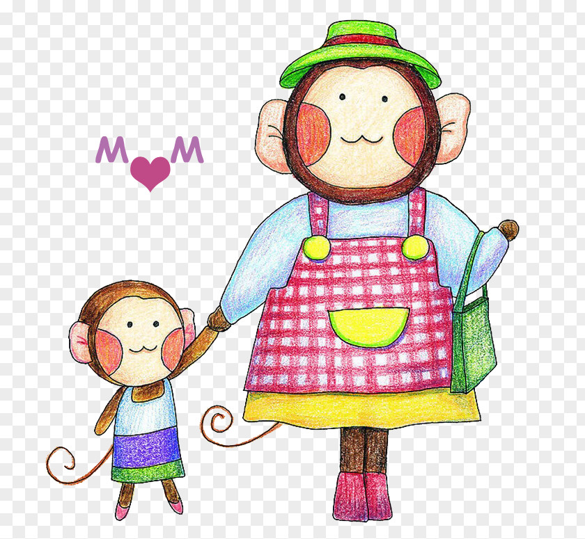 Hand-painted Little Monkey And Her Mother Cartoon Clip Art PNG