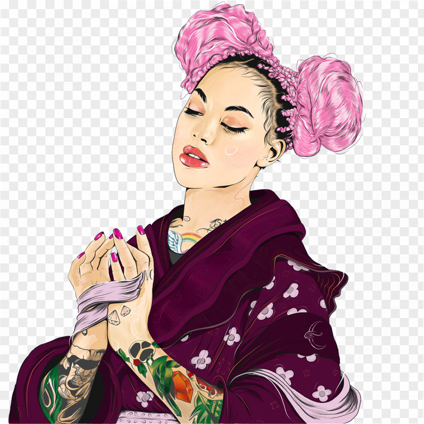 Tattooed Woman Wearing A Wig Illustration PNG