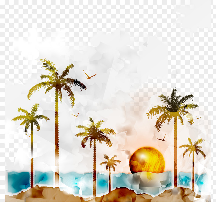 Watercolor Coconut Trees And Sunset Tiny Buddha Beach Business Management LinkedIn PNG