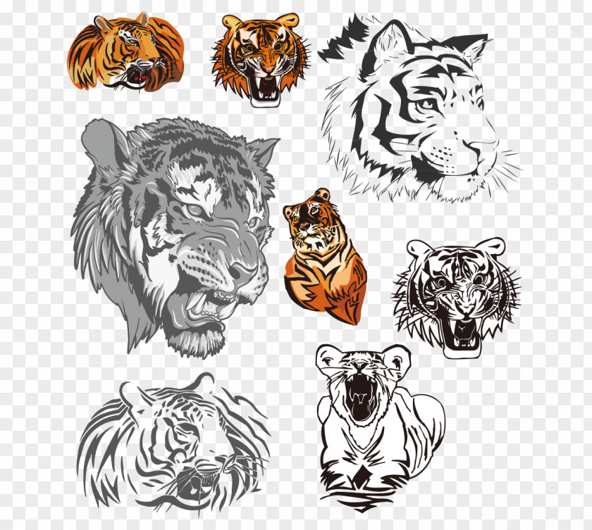 Hand Colored Black And White Tiger Head Euclidean Vector Clip Art PNG