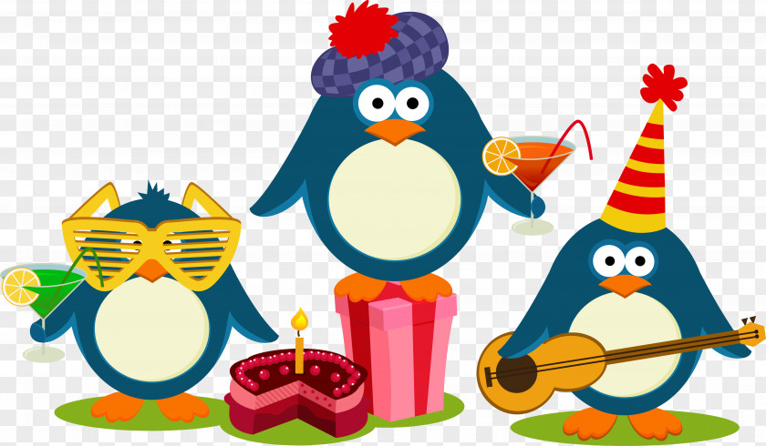 Three Cartoon Penguins Celebrating Birthday Vector Wedding Invitation Penguin Greeting Card Drawing PNG