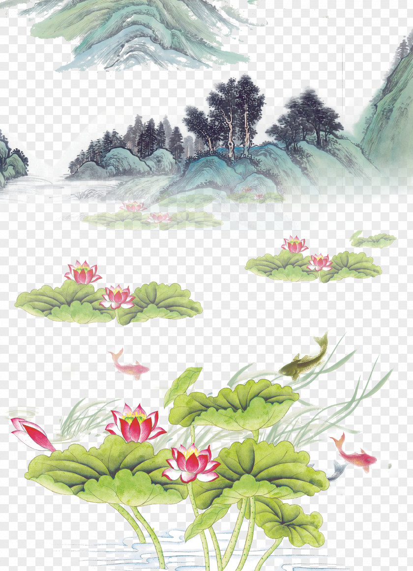Lotus Carp Mountain Ink Koi Shan Shui Wash Painting Fukei PNG