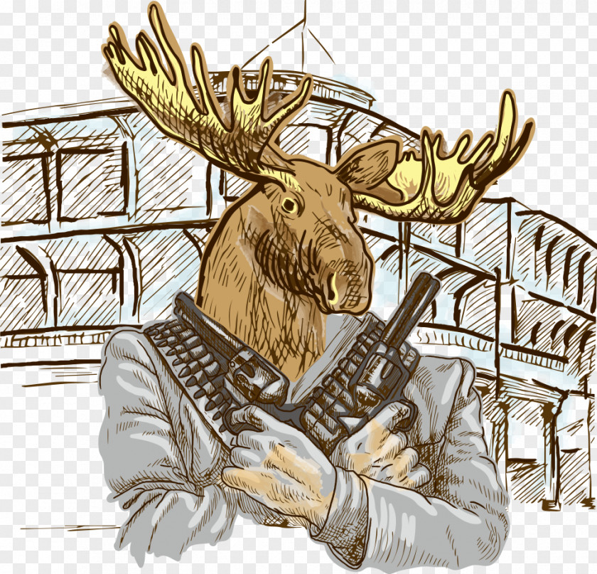 Hand Drawn Vector Deer With A Gun Drawing Illustration PNG