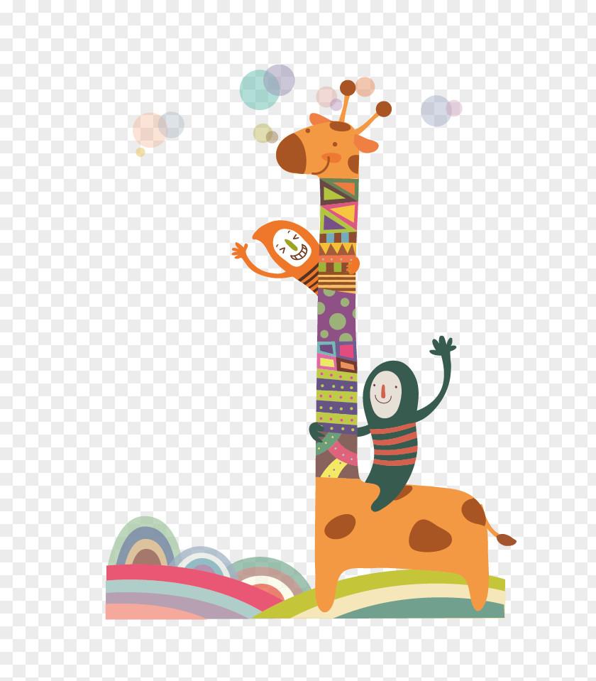 Abstract Cartoon Child And Giraffe Illustration PNG