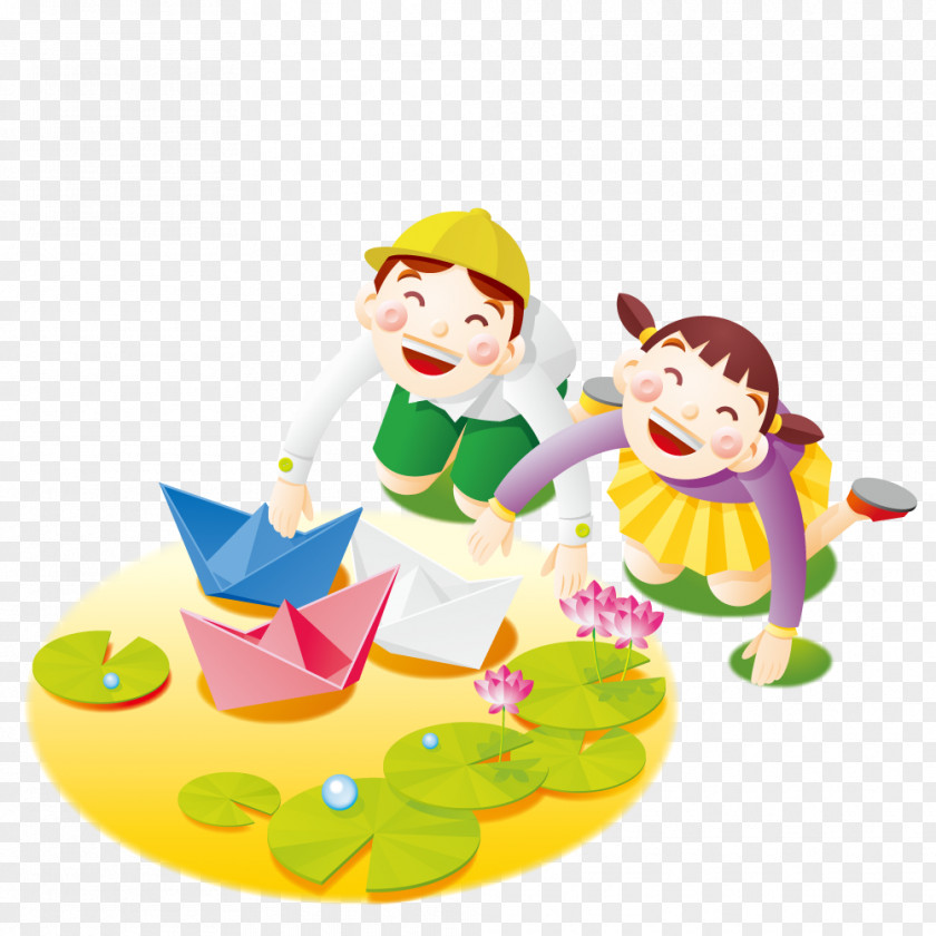 Men And Women In The Pond With Paper Boat Illustration PNG