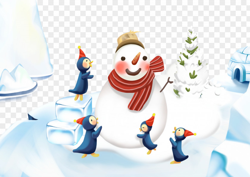 Around Four Small Penguin Snowman Christmas Illustration PNG