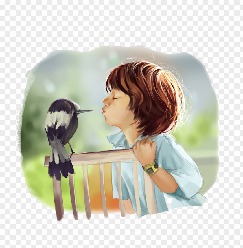 The Little Boy Kissing Birds Warm Material Illustration PNG