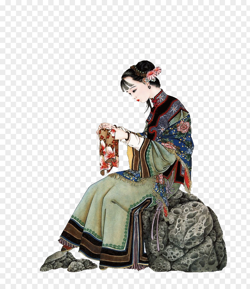 Beauty Sitting On The Stone Embroidery Handicraft Woman PNG