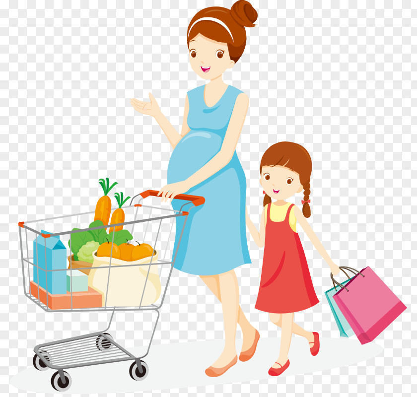Cartoon Pregnant Women And Children To Buy Food Scene Shopping Cart Mother Clip Art PNG