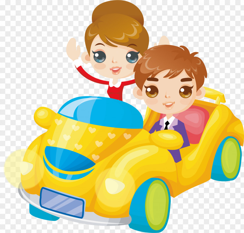 Yellow Taxi Cartoon Drawing Couple Illustration PNG