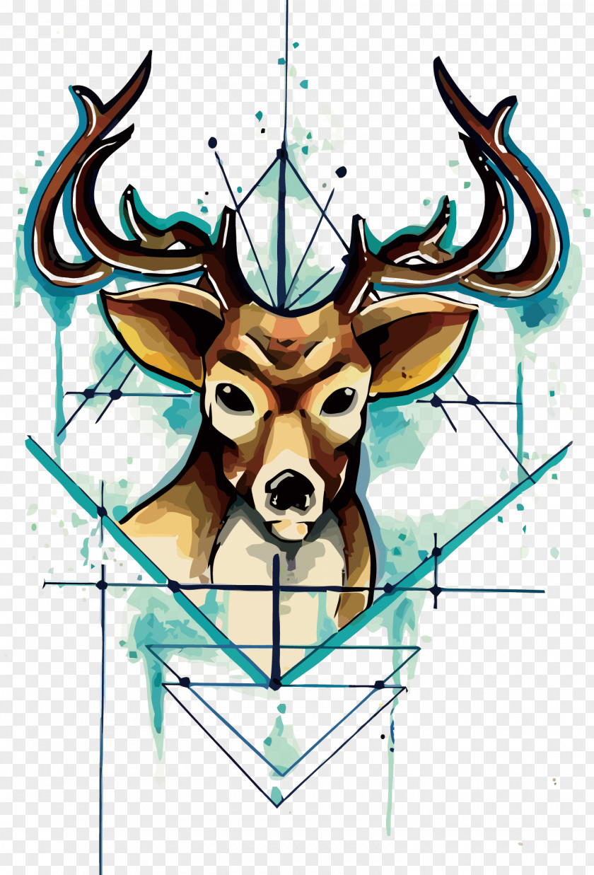 Vector Watercolor Deer Head Unicorn Tattoo Drawing PNG