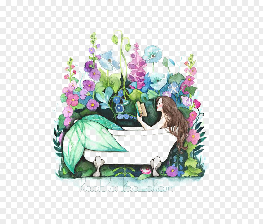 Bathtub Mermaid Art Watercolor Painting Drawing PNG