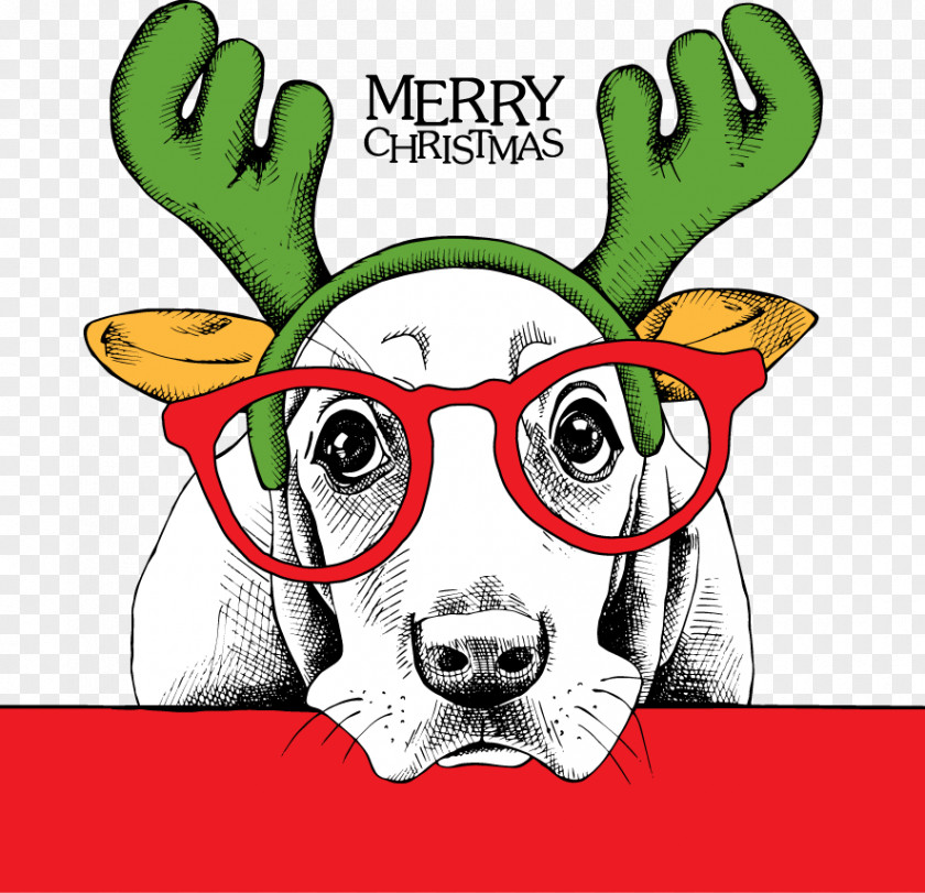 Dog Wearing Antlers Glasses Basset Hound Puppy Santa Claus Christmas PNG