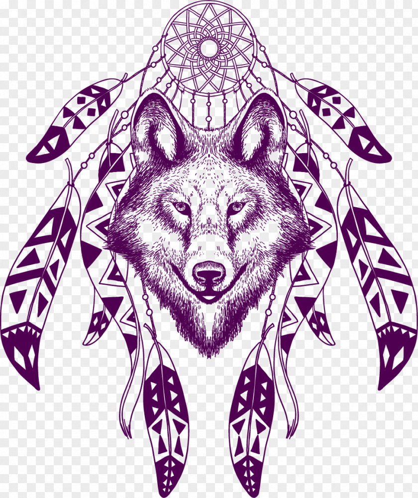 Vector Painted Dreamcatcher Gray Wolf T-shirt Poster Illustration PNG