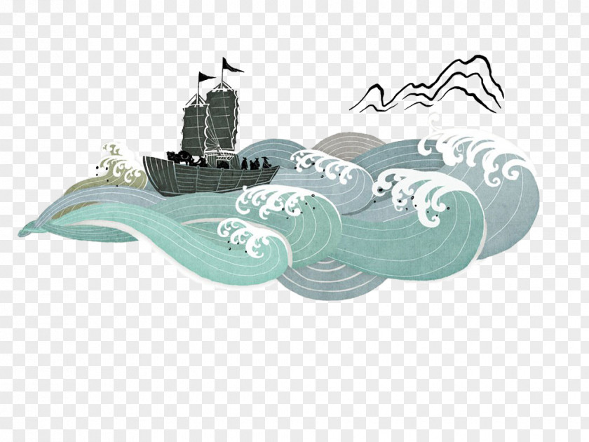 Hand-painted Waves Sailing Wind Wave Ship Pattern PNG