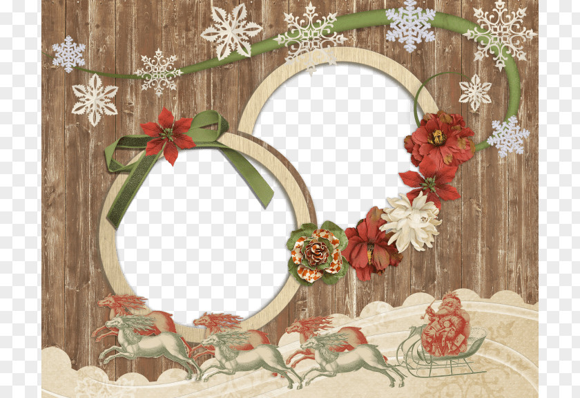 Antique Wooden Christmas Photo Frame PNG Frame, two round photo frame with Santa Claus on sled clipart PNG