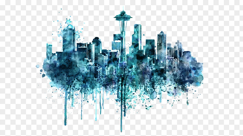Monochrome Seattle Watercolor Painting Skyline Drawing PNG