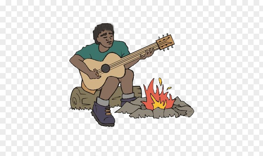 A Man Sitting By Fire The Guitar Player Illustration PNG