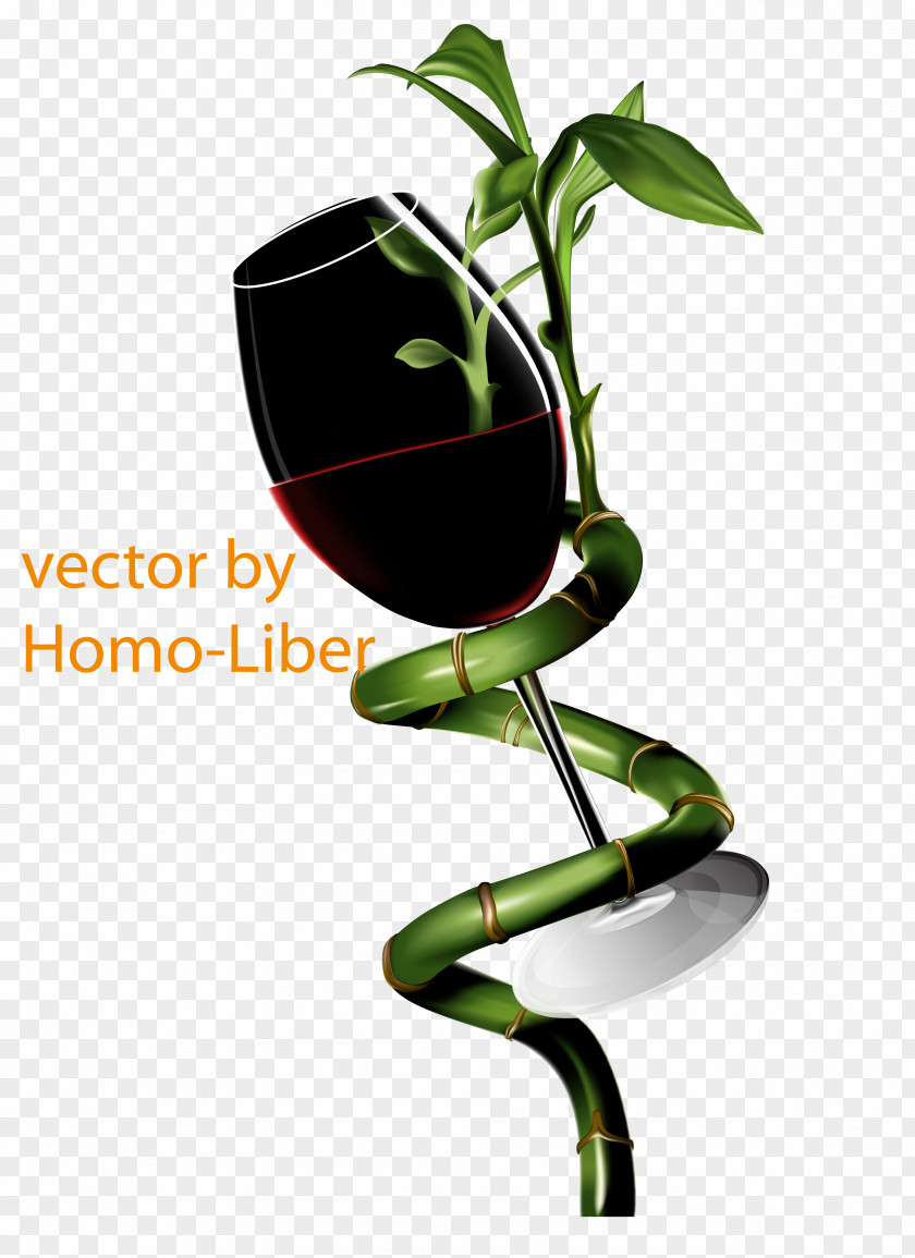 Lucky Bamboo With Red Wine Glass Cup PNG