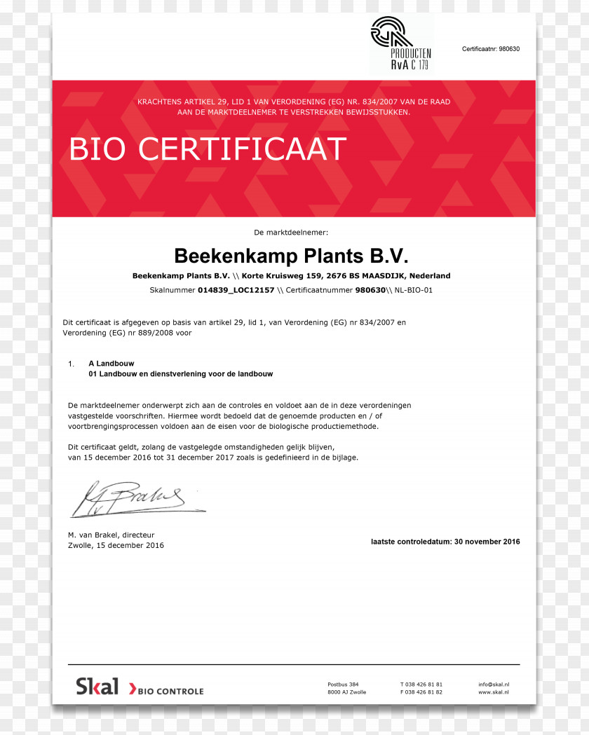 Beekenkamp Plants Bv Organic Farming Skal Akademický Certifikát Web Page Quality PNG