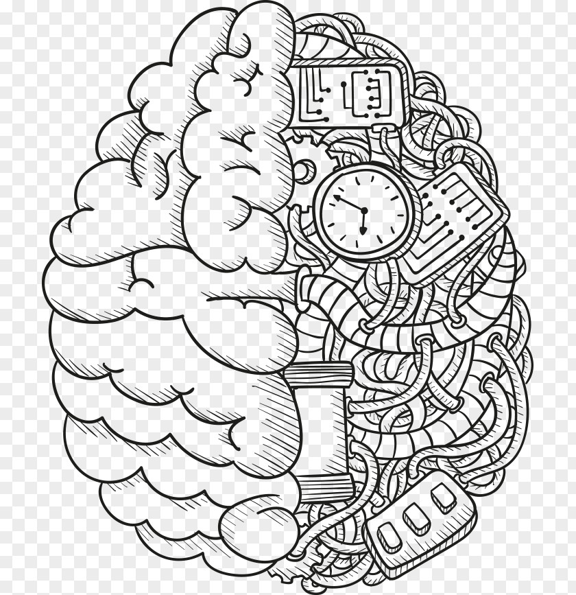 Vector Hand-drawn Black And White Brain Artificial Neural Network Intelligence Deep Learning Algorithm PNG