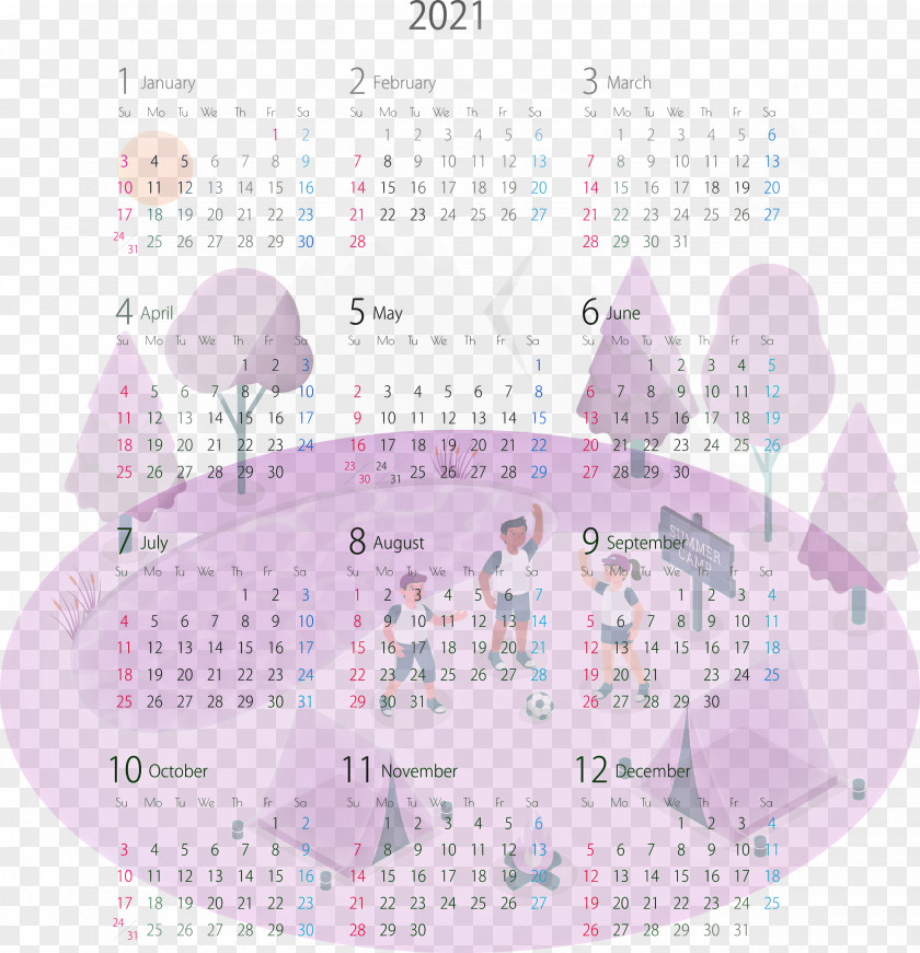 2021 Yearly Calendar Printable Template PNG