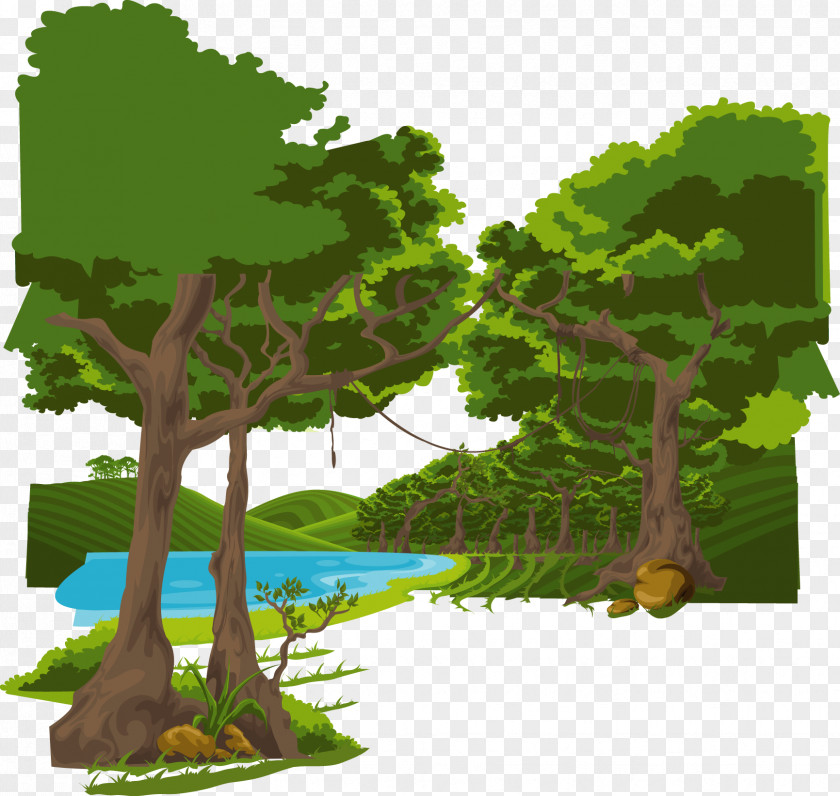 Between Forest Trees Mountain Lake Cartoon Graphic Design Illustration PNG