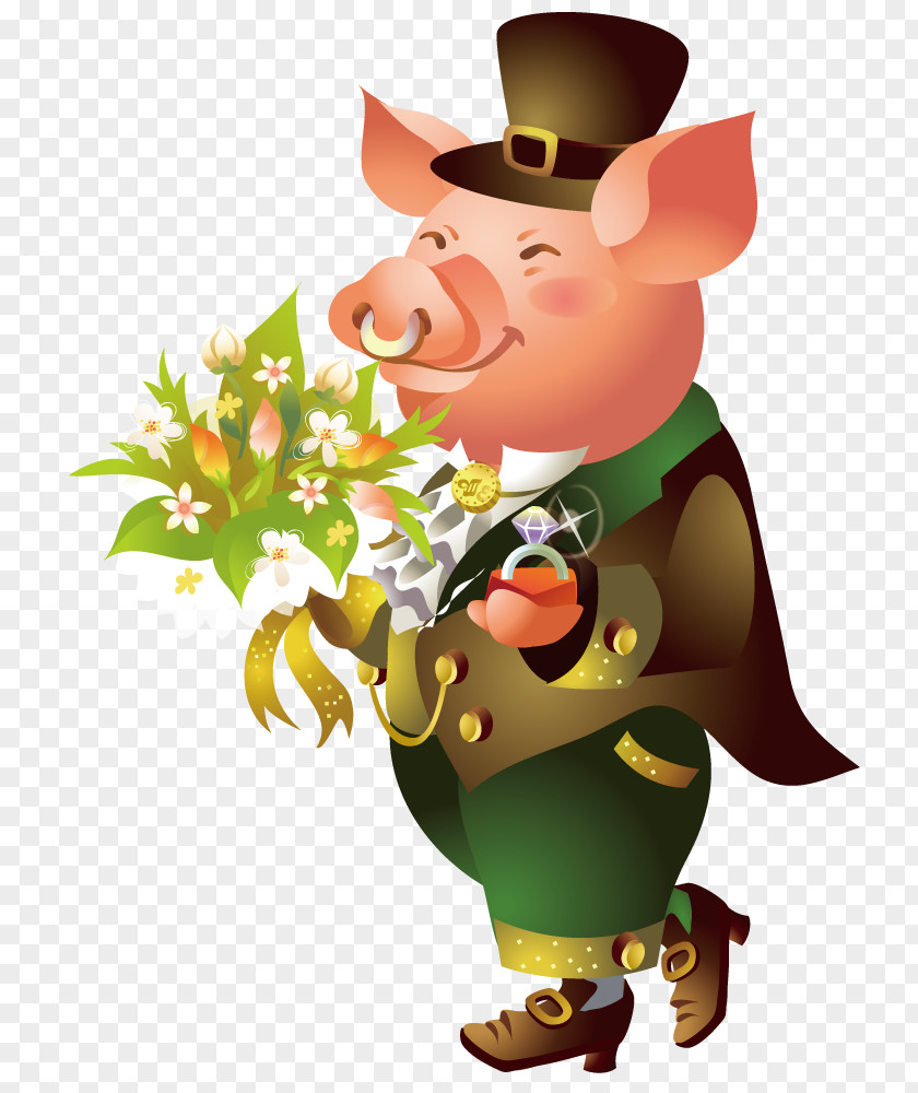 Flower Gentleman Holding Pig Domestic Cartoon Illustration PNG