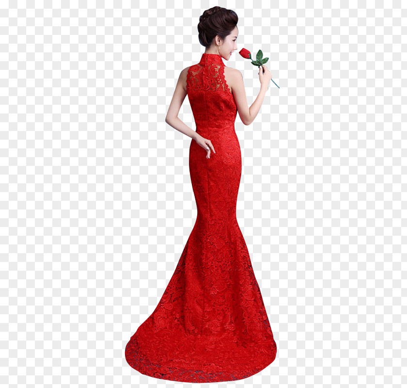 Red Lace Wedding Dress Cheongsam Gown Sleeveless Shirt PNG