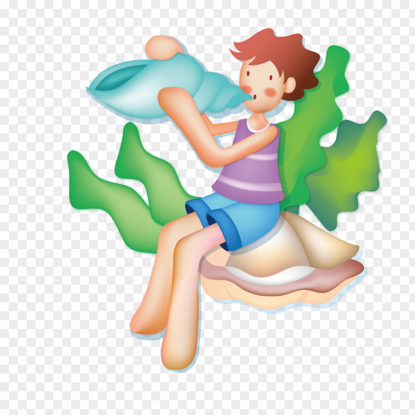 Boy Sitting On The Beach Blowing Snail Clip Art PNG