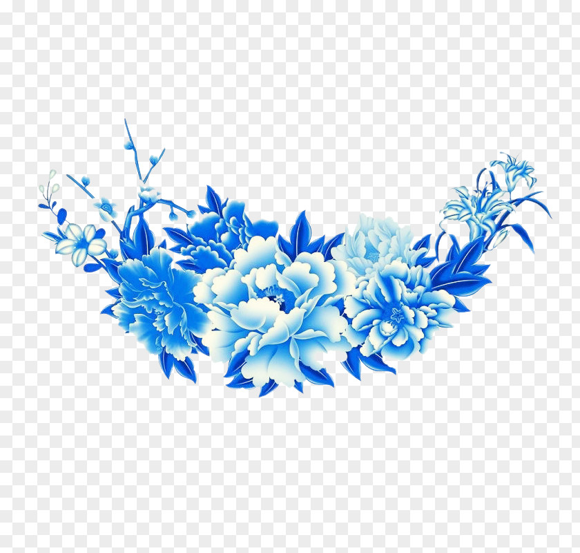 Creative Peony Blue And White Pottery Fundal PNG
