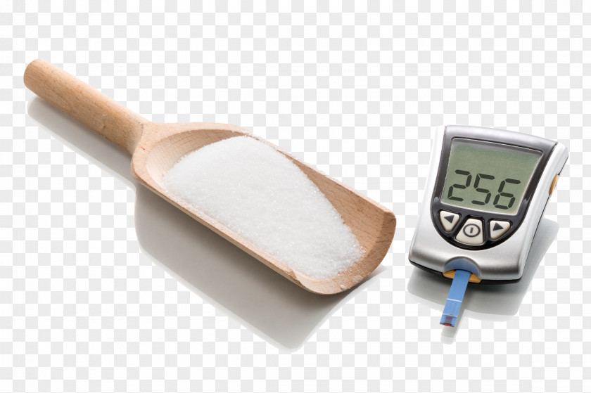 A Wooden Spoon In Sugar And Blood Glucose Meter PNG