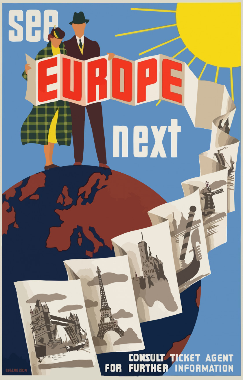 Vintage Travel Cliparts Europe Poster Printmaking Lithography Illustration PNG