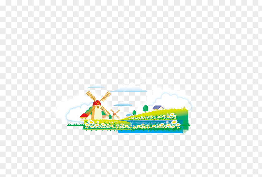 White Clouds Green Grass Illustration PNG