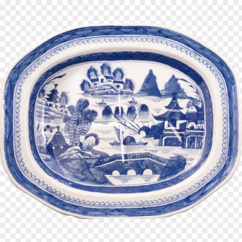 Plate Blue And White Pottery Platter Chinese Export Porcelain Antique PNG