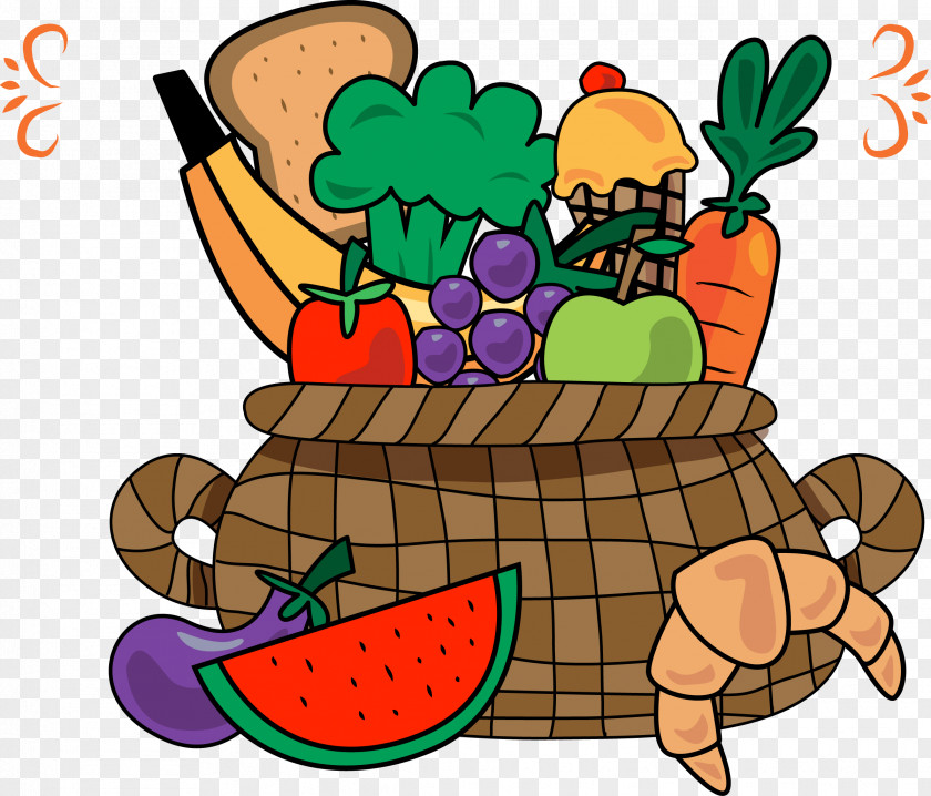 Vector Hand-drawn Cartoon Fruits And Vegetables Fruit Vegetable Basket PNG