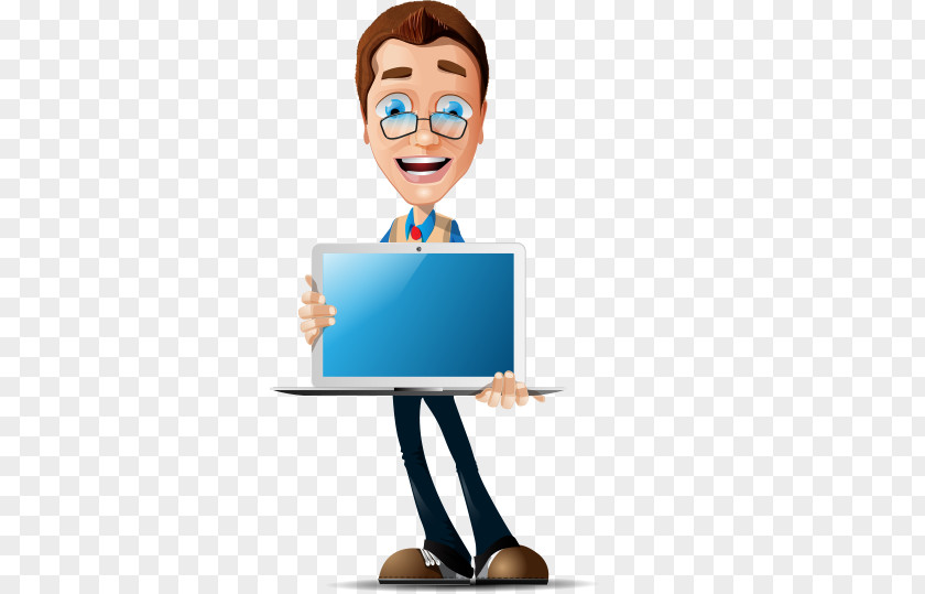 Hand-painted Cartoon Laptop With Glasses Business Man Take Businessperson Clip Art PNG