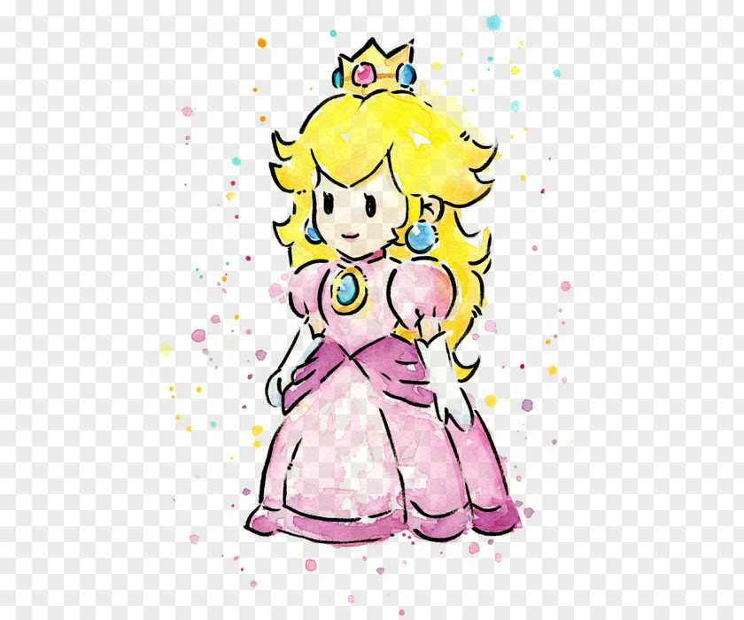 Watercolor Woman Like Super Mario Bros. Princess Peach Painting PNG